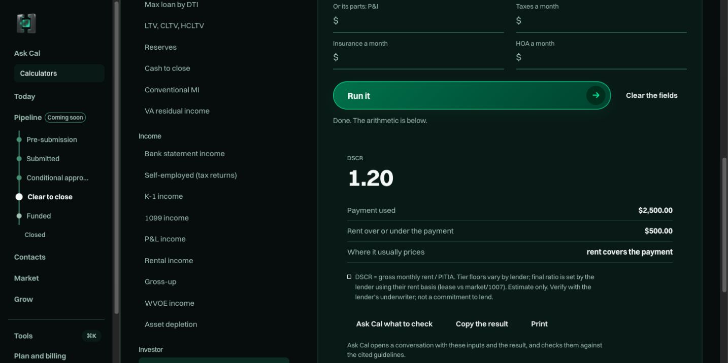 DSCR calculator showing a 1.20 ratio from $3,000 monthly rent and a $2,500 housing payment, with assumptions and next actions.